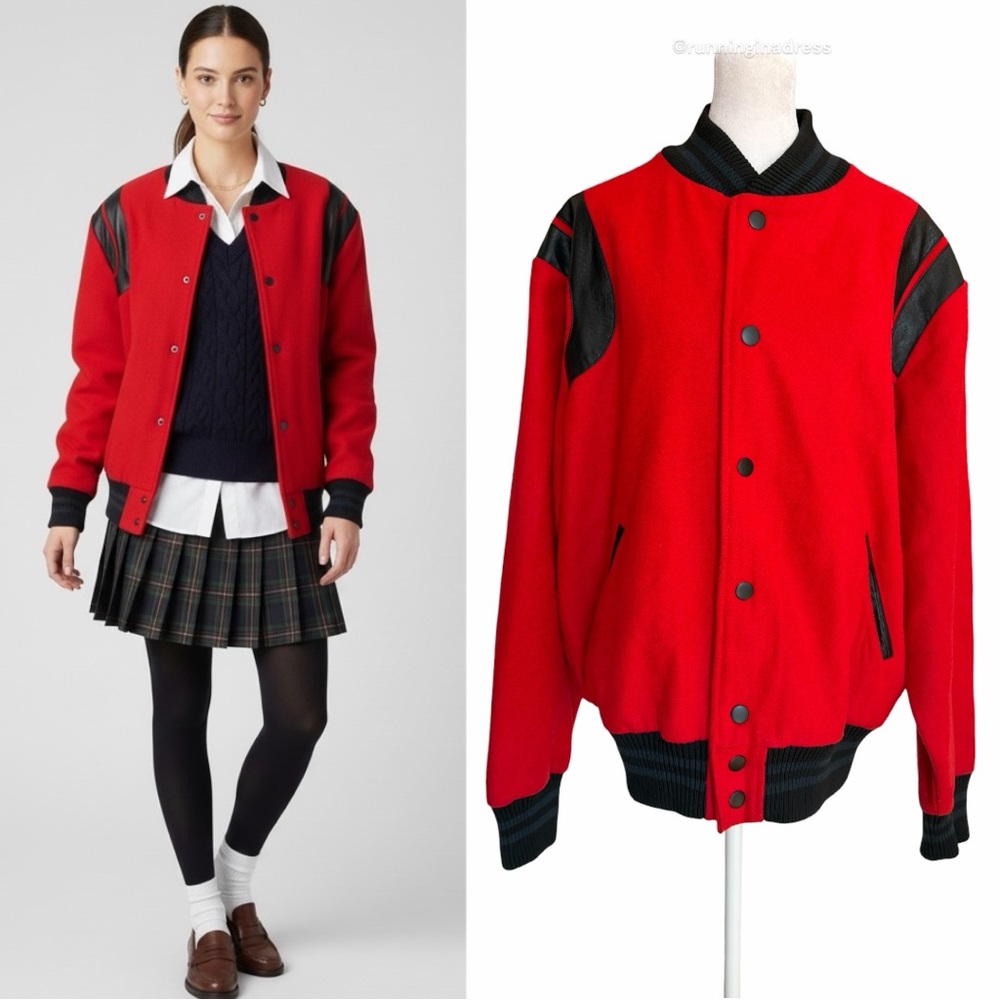 Bascom Projects Red Varsity Letterman Jacket Faux Leather & Wool Unisex Large